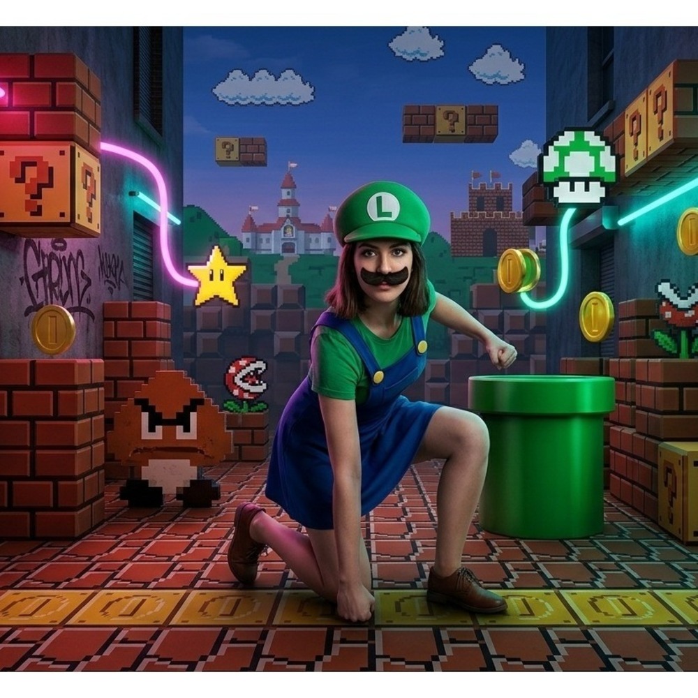 Luigi Costume Women Dress Set Hat and Mustache Super Mario Green Blue Cosplay L